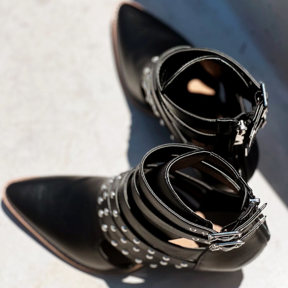 NEW Black Studded Cutout Buckle Strap Pointy Toe Block Heel Ankle Booties Vegan - Picture 10 of 16